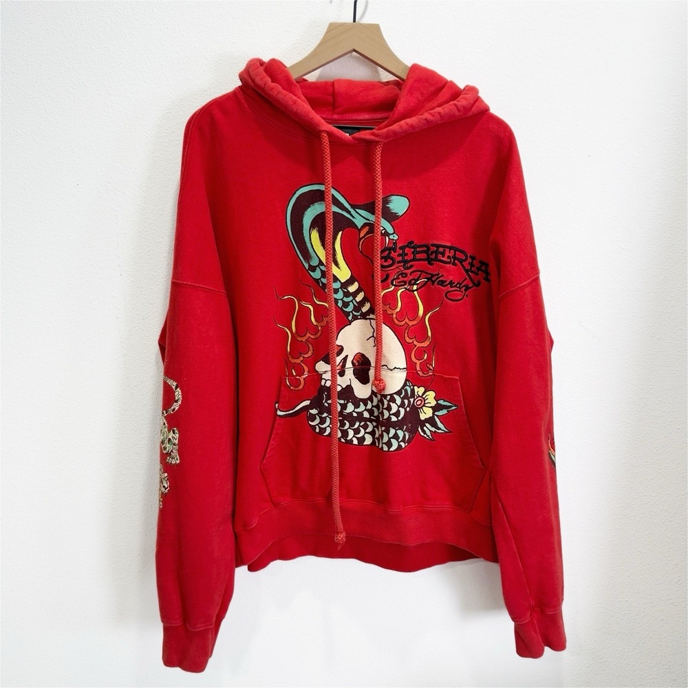 Ed Hardy Siberia Hills Hoodie Mens XL Red‎ Skull Snake Heavyweight Grunge Goth